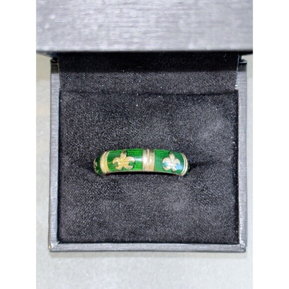 Hidalgo 18k Green Enamel and Gold Fleur-de-Lis Ring Band 6.75